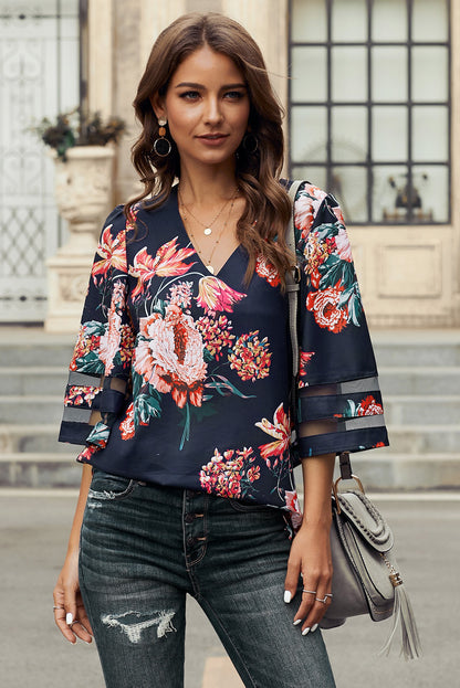 Fiery  3/4 Flared Sleeve Floral Blouse | Red