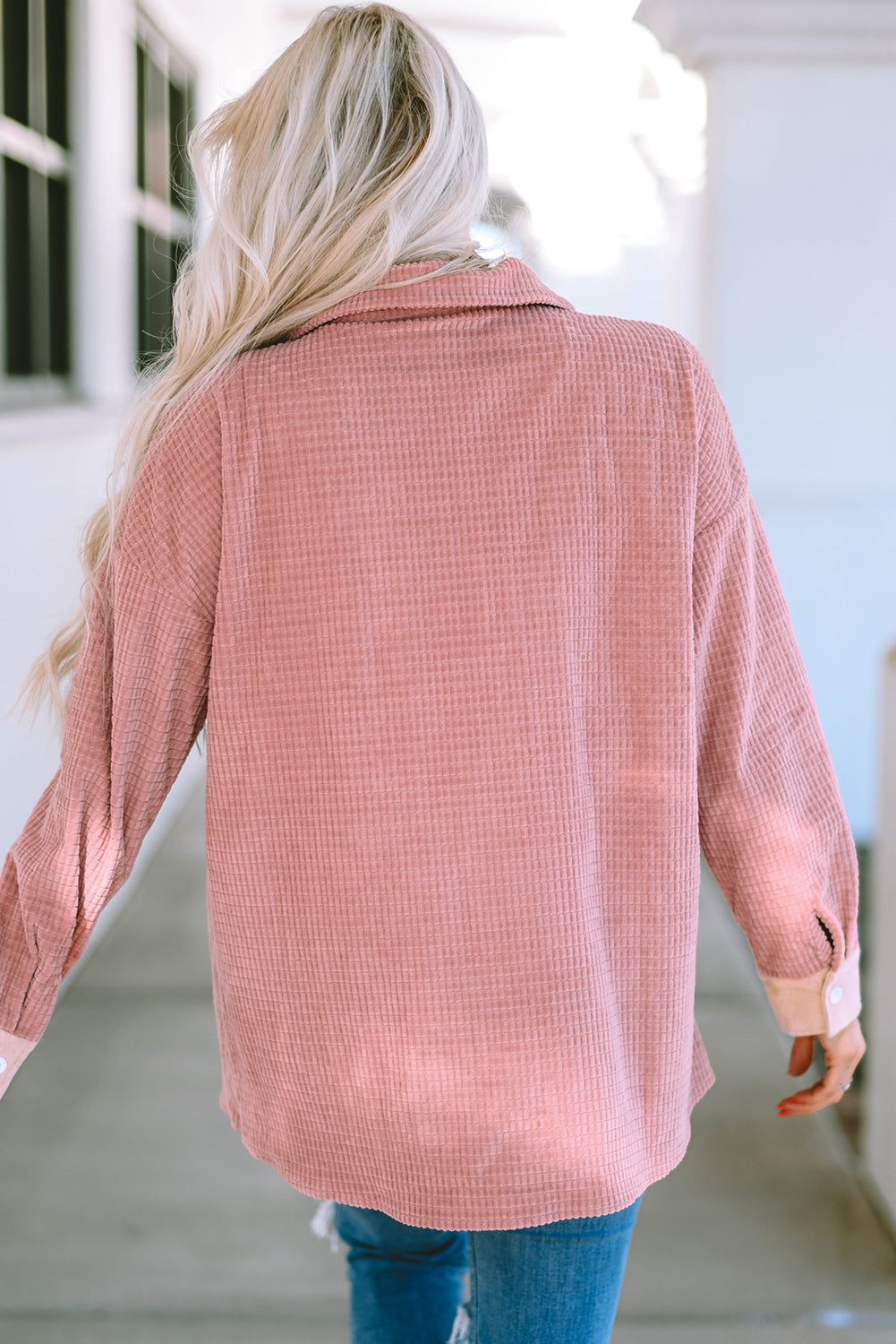 Flap Pockets Drop Shoulder Textured Shacket | Peach Blossom