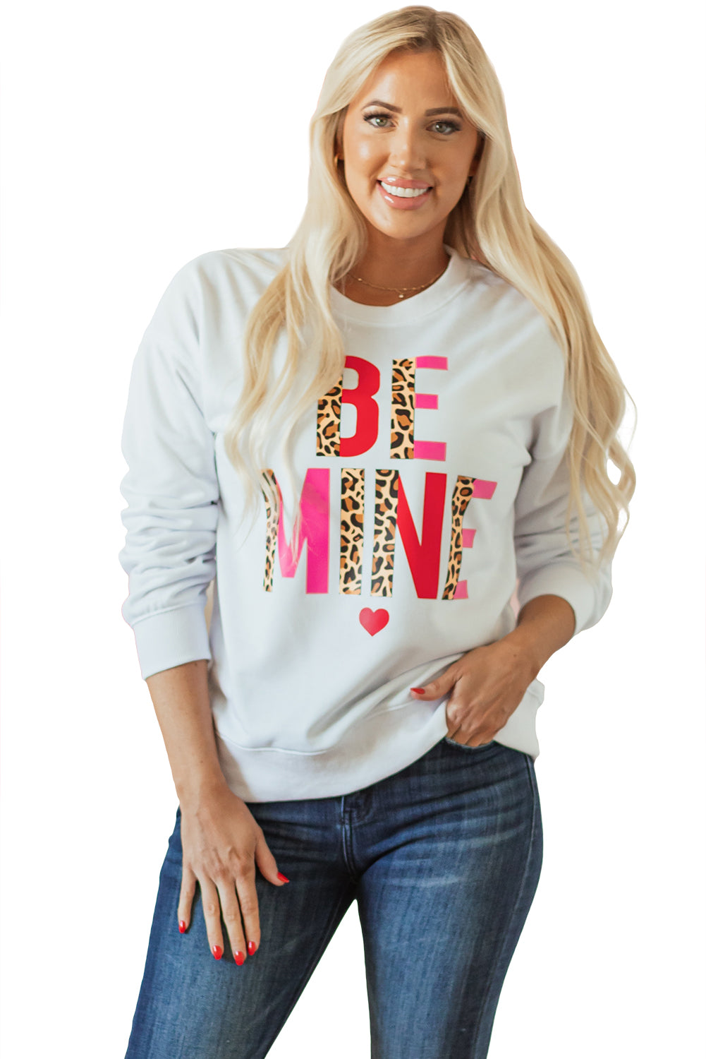 Be Mine Leopard Heart Print Long Sleeve Sweatshirt | White