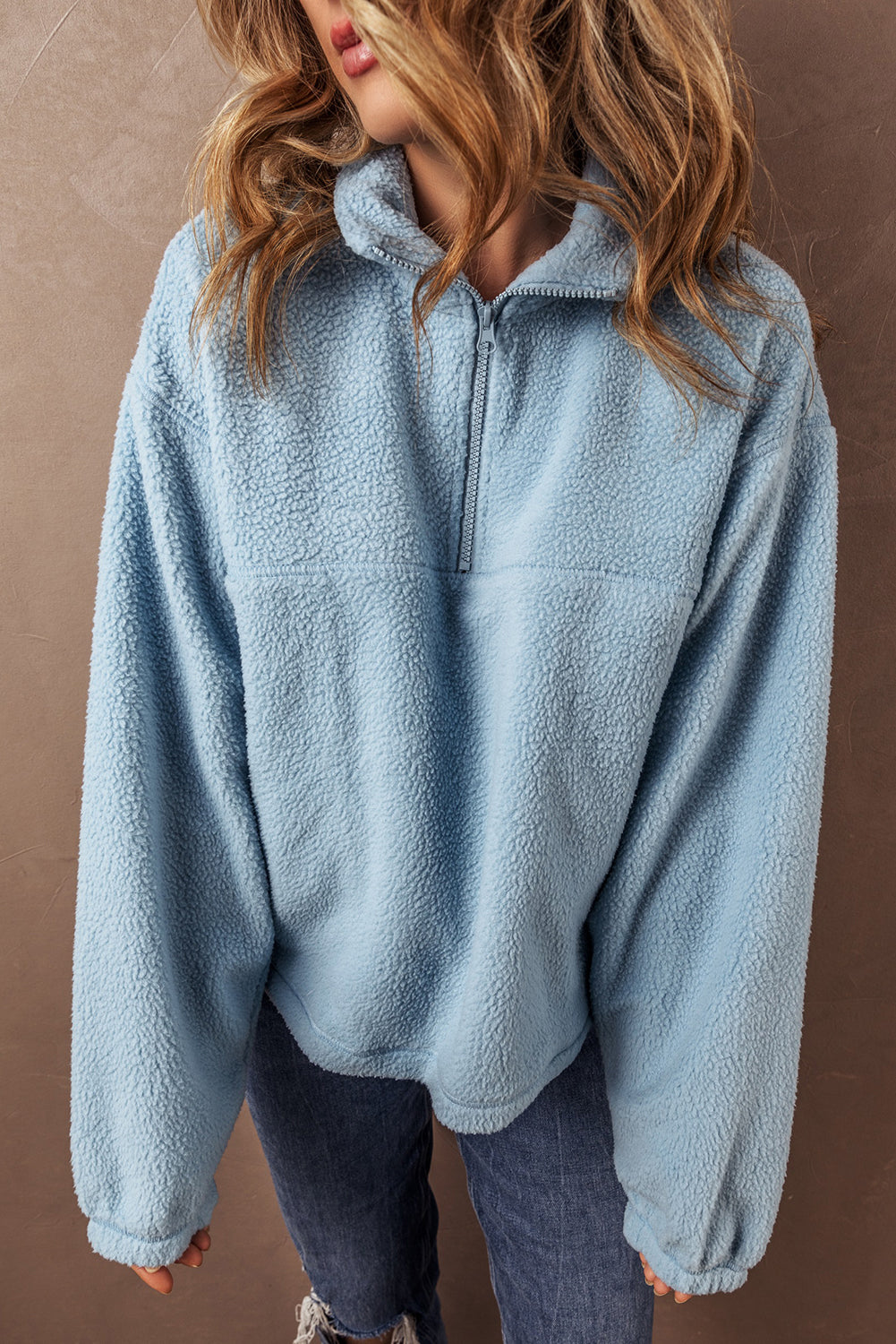 Collared Zipper Drop Shoulder Fleece Sweatshirt | Myosotis