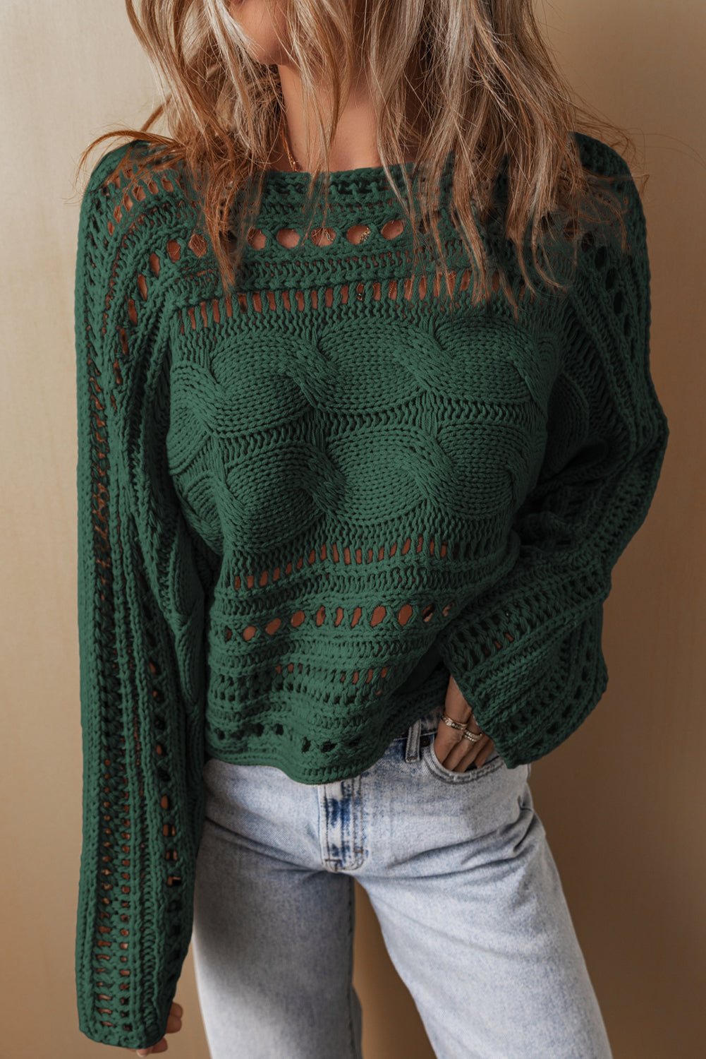 Hollow-Out Cable Knit Cropped Sweater | Blackish Green