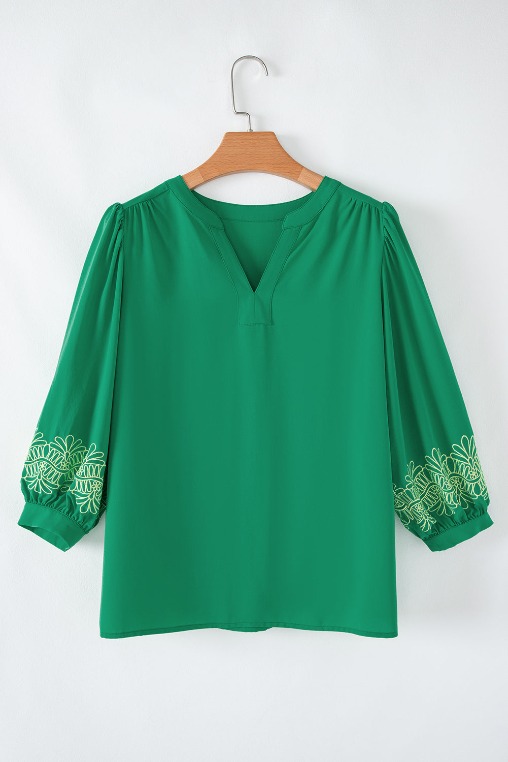 Contrast Floral Embroidered 3/4 Sleeve Notched V Neck Elegant Blouse | Green