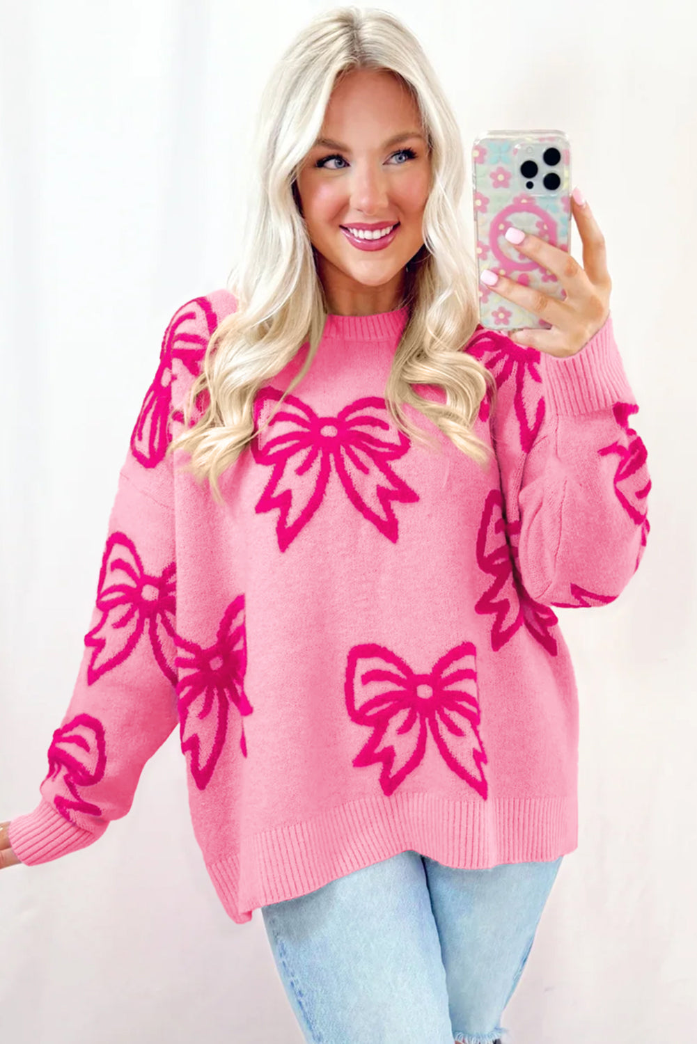 Bow Pattern Drop Shoulder Loose Sweater | Pink