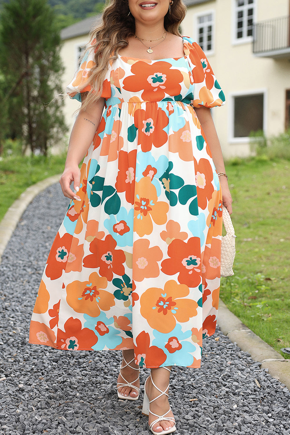 Plus Size Flower Print Shirred Square Neck Maxi Dress | Orange