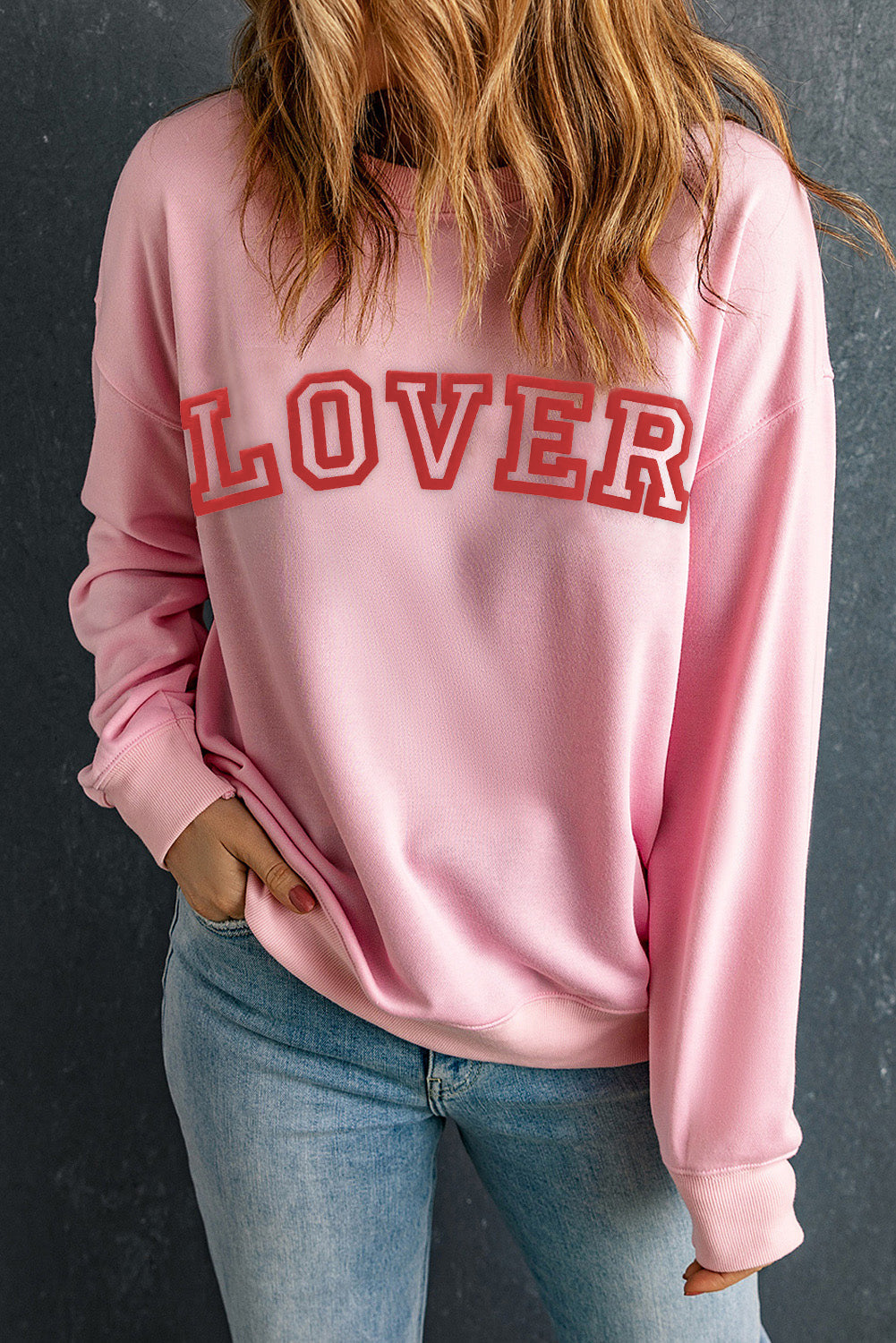 Lover Puff Print Drop Shoulder Pullover Sweatshirt | Pink