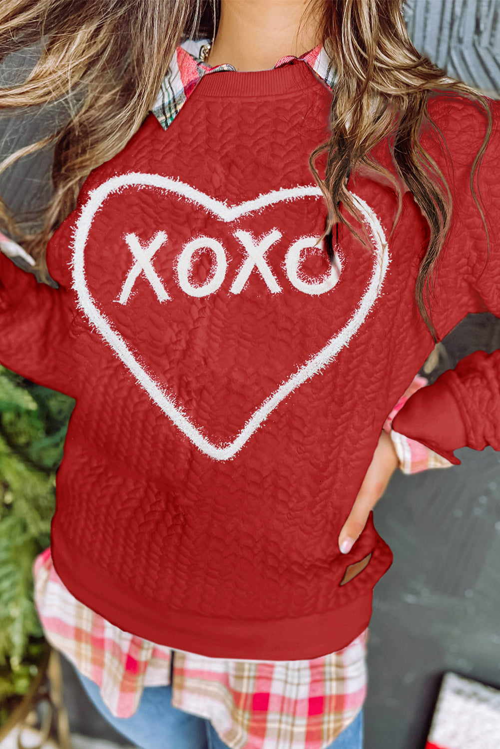 Heart Xoxo Chenille Embroidered Textured Sweatshirt | Racing Red