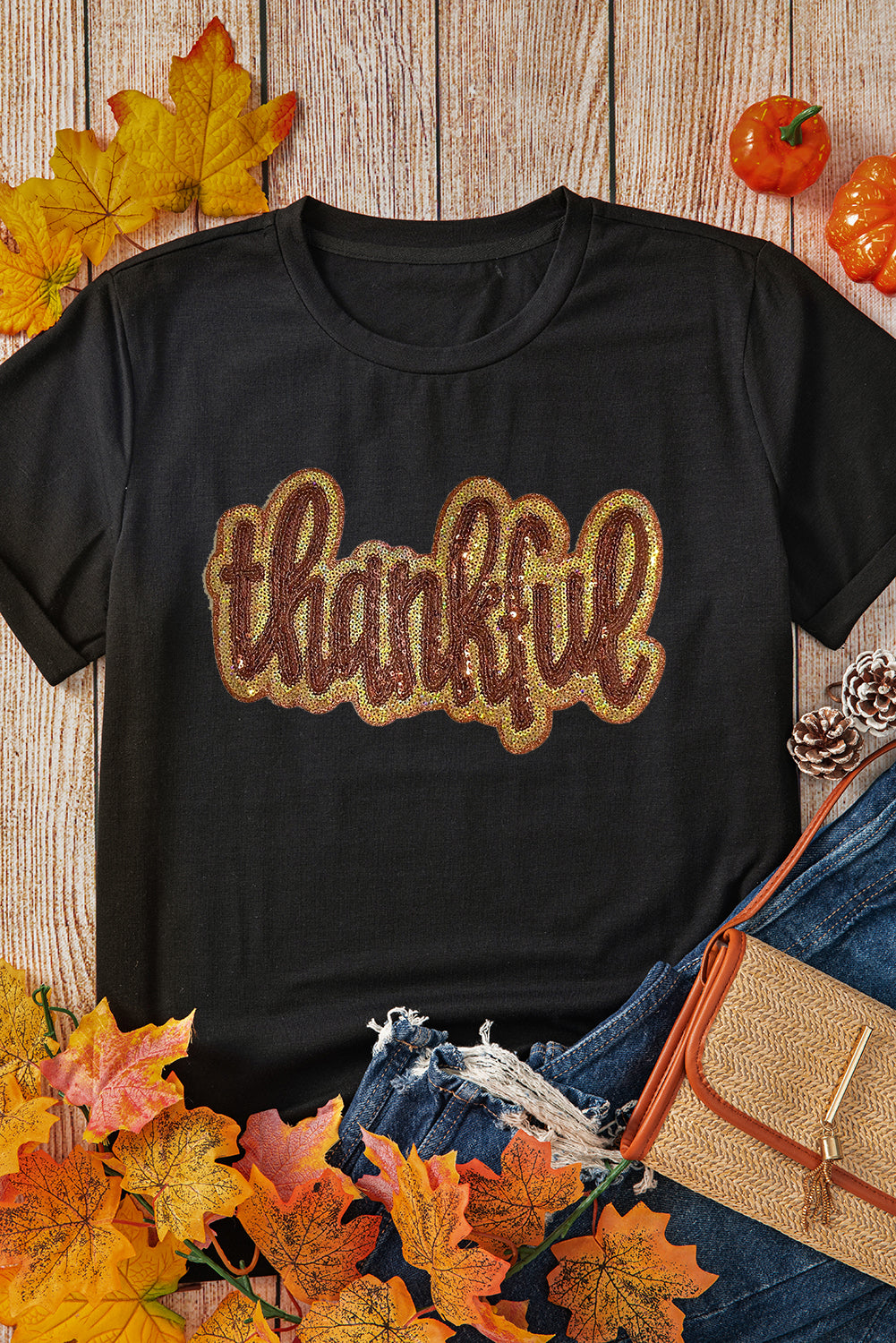 Sequined Thankful Round Neck Graphic Tee | Black