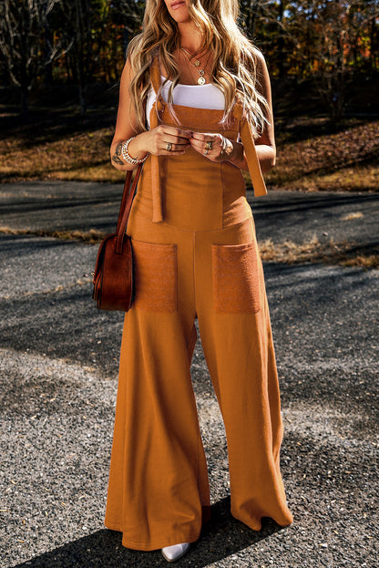 Knotted Straps Patch Pocket Wide Leg Jumpsuit | Brown