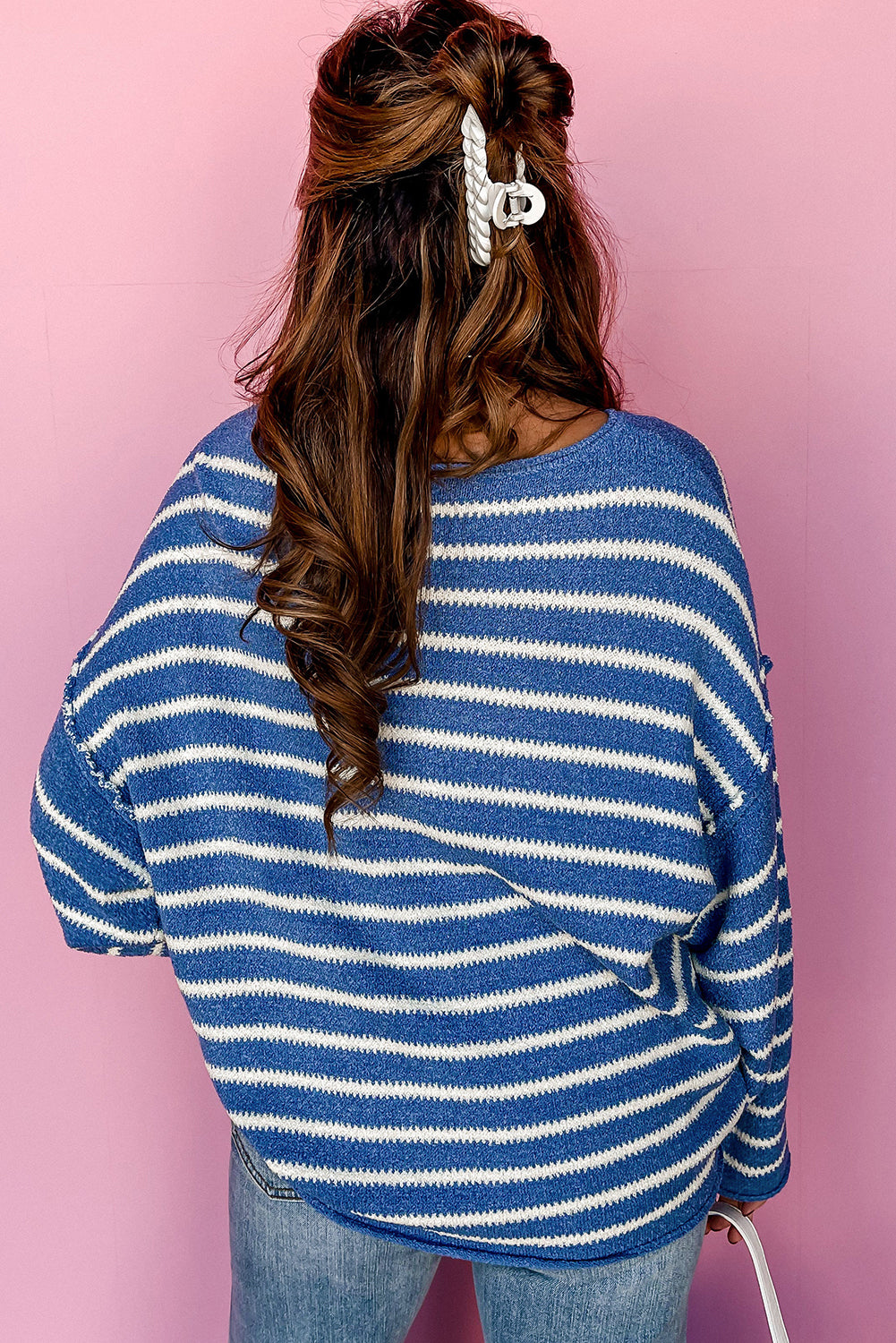 Drop Shoulder O Neck Plus Size Sweater | Sky Blue Stripe