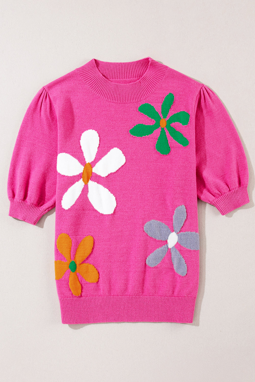 Floral Bubble Short Sleeve Sweater | Bright Pink