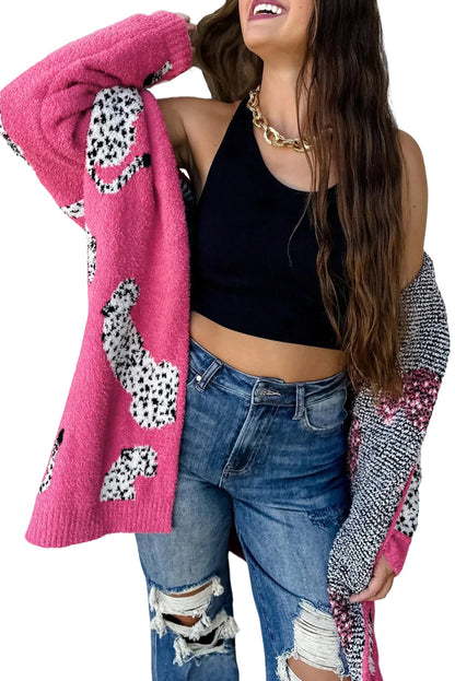 Cheetah Pattern Open Front Knitted Cardigan | Rose Red