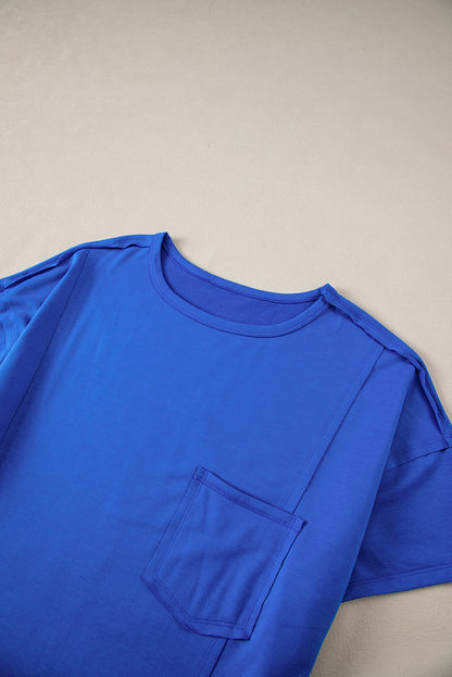 Patched Pocket Exposed Seam Oversize T-Shirt | Blue