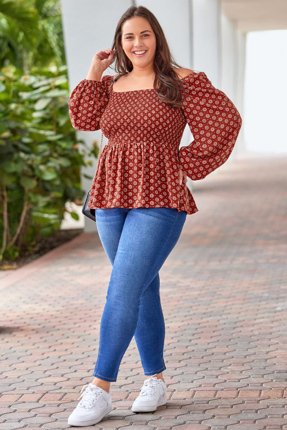 Fiery  Plus Size Square Neck Printed Peplum Top | Red