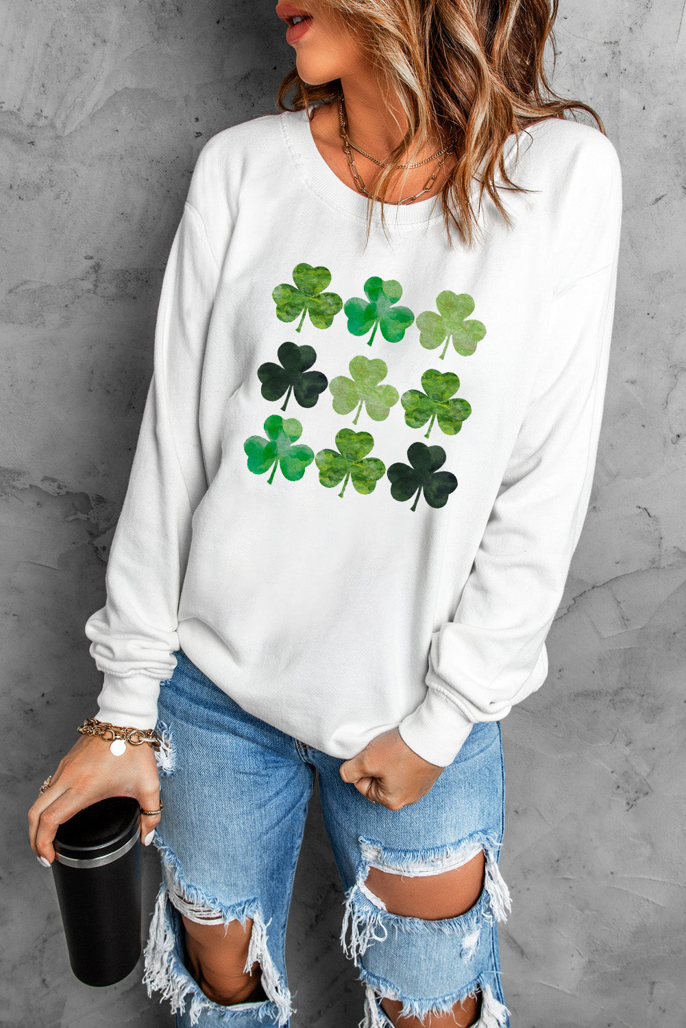 St. Patrick'S Day Clover Print Long Sleeve Sweatshirt | White