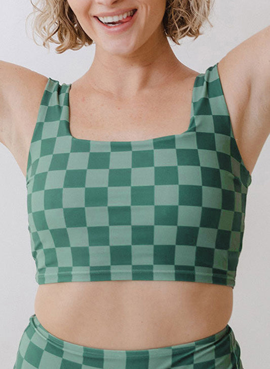 Checkered Print Square Neck Cropped Swim Top | Green