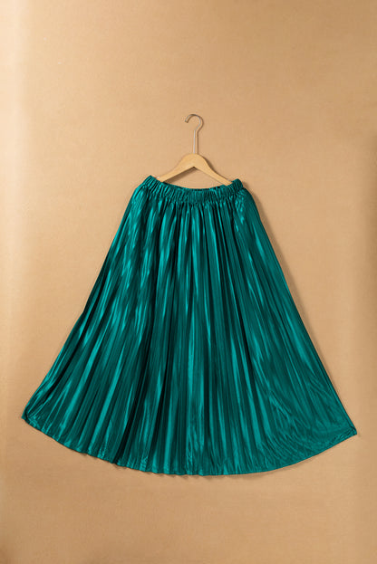 Satin Elastic Waist Pleated Maxi Skirt | Blackish Green