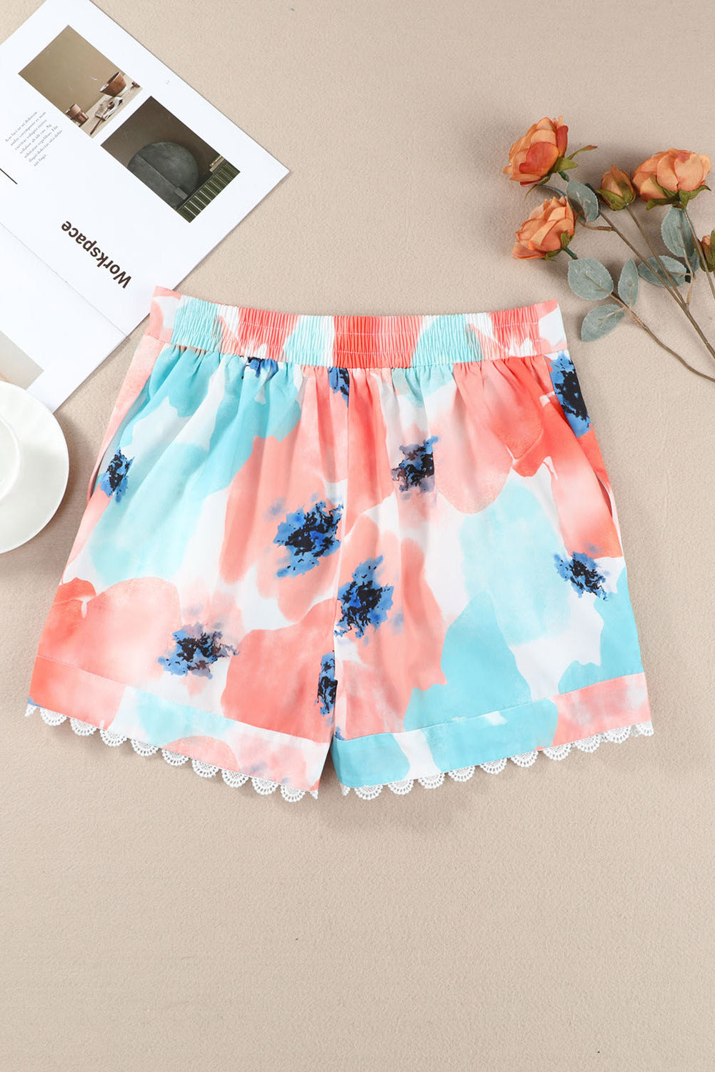 Abstract Water Marbling Print Lace Trim Shorts | Pink