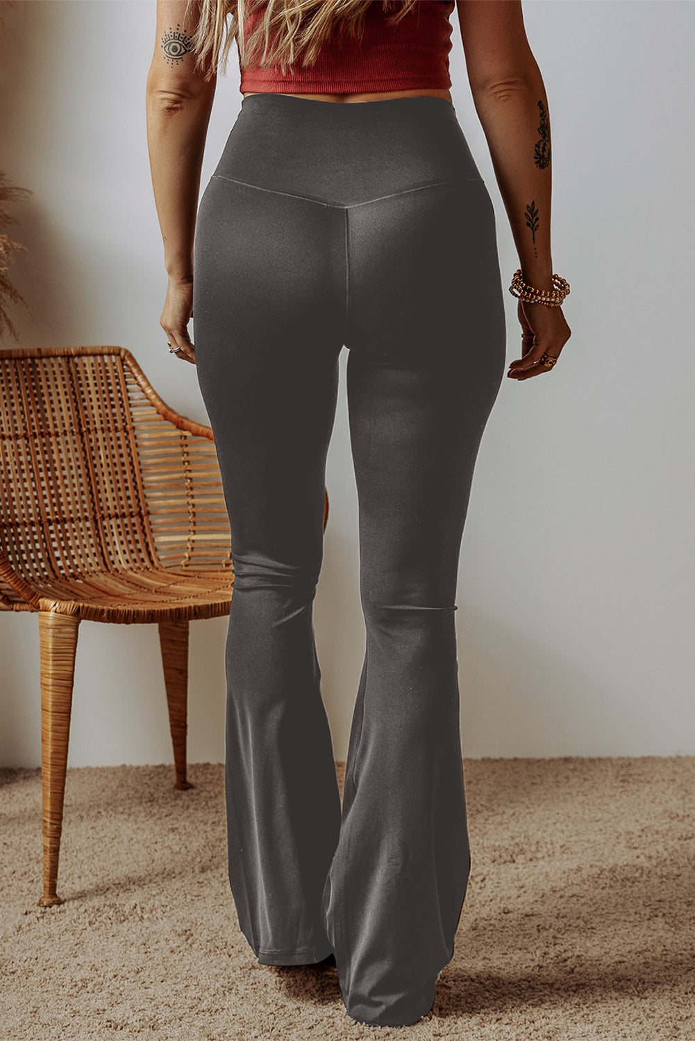 V Shape High Waist Flared Leggings | Dark Grey