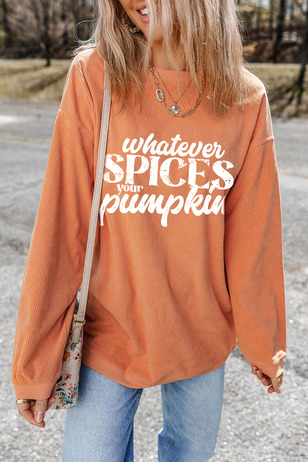 Whatever Spices Your Pumpkin Graphic Corded Pullover Sweatshirt | Orange