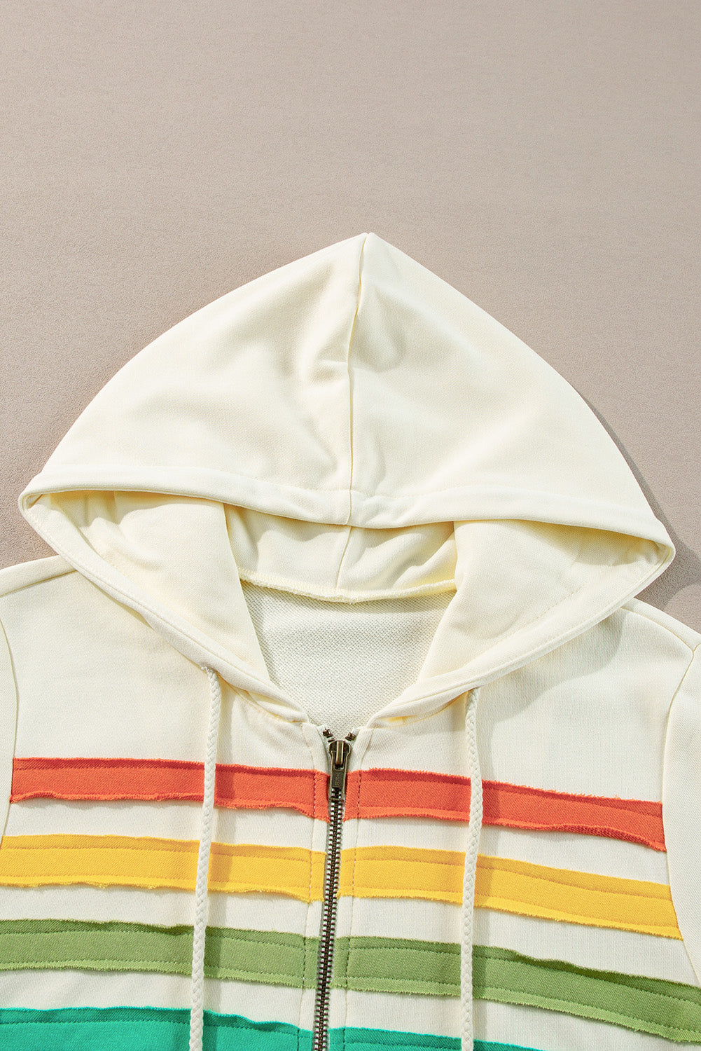 Colourblock Striped Patchwork Side Pockets Zipper Hoodie | Apricot