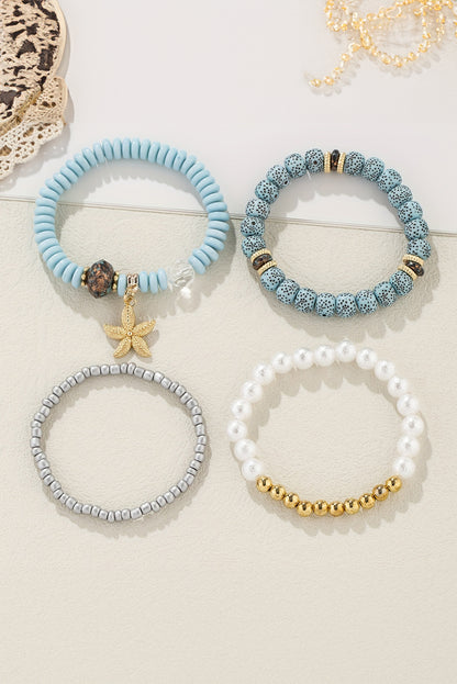 4Pcs Starfish Pendant Beaded Bracelet Set | Light Blue