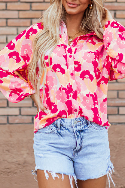 Blooming Floral Print Puff Sleeve Buttoned Shirt | Pink