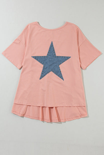 Mineral Wash Studded Star Patch Graphic High Low Tee | Apricot Pink