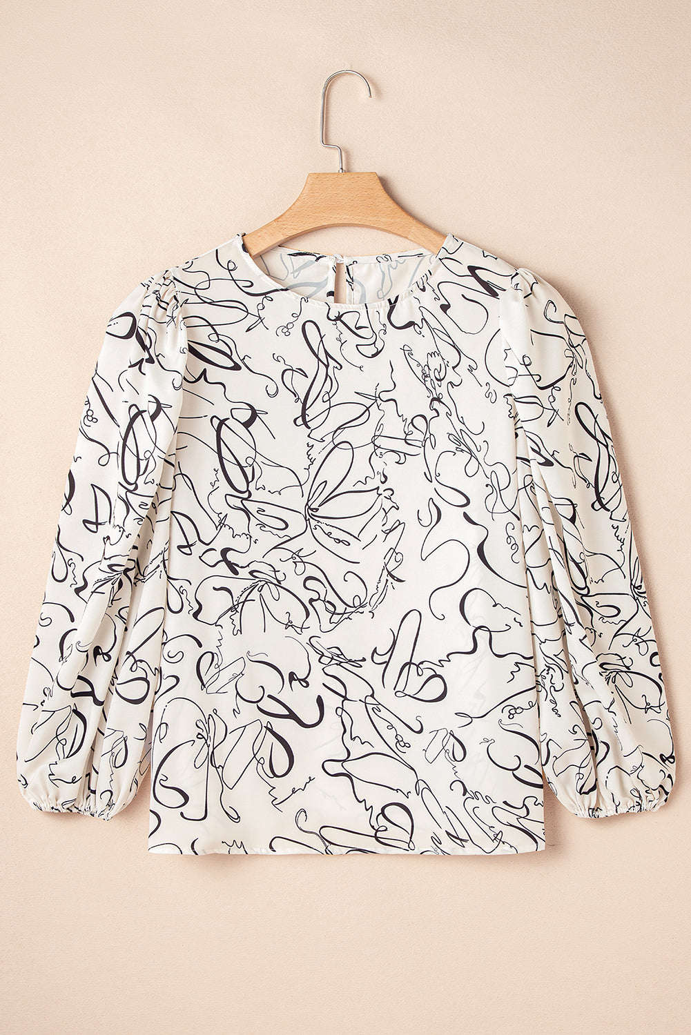 Abstract Print Balloon Sleeve Crew Neck Blouse | Beige