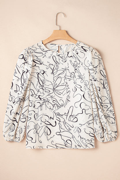 Abstract Print Balloon Sleeve Crew Neck Blouse | Beige