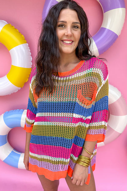 Colourblock Hollowed Crochet 3/4 Sleeve Sweater | Orange Stripe