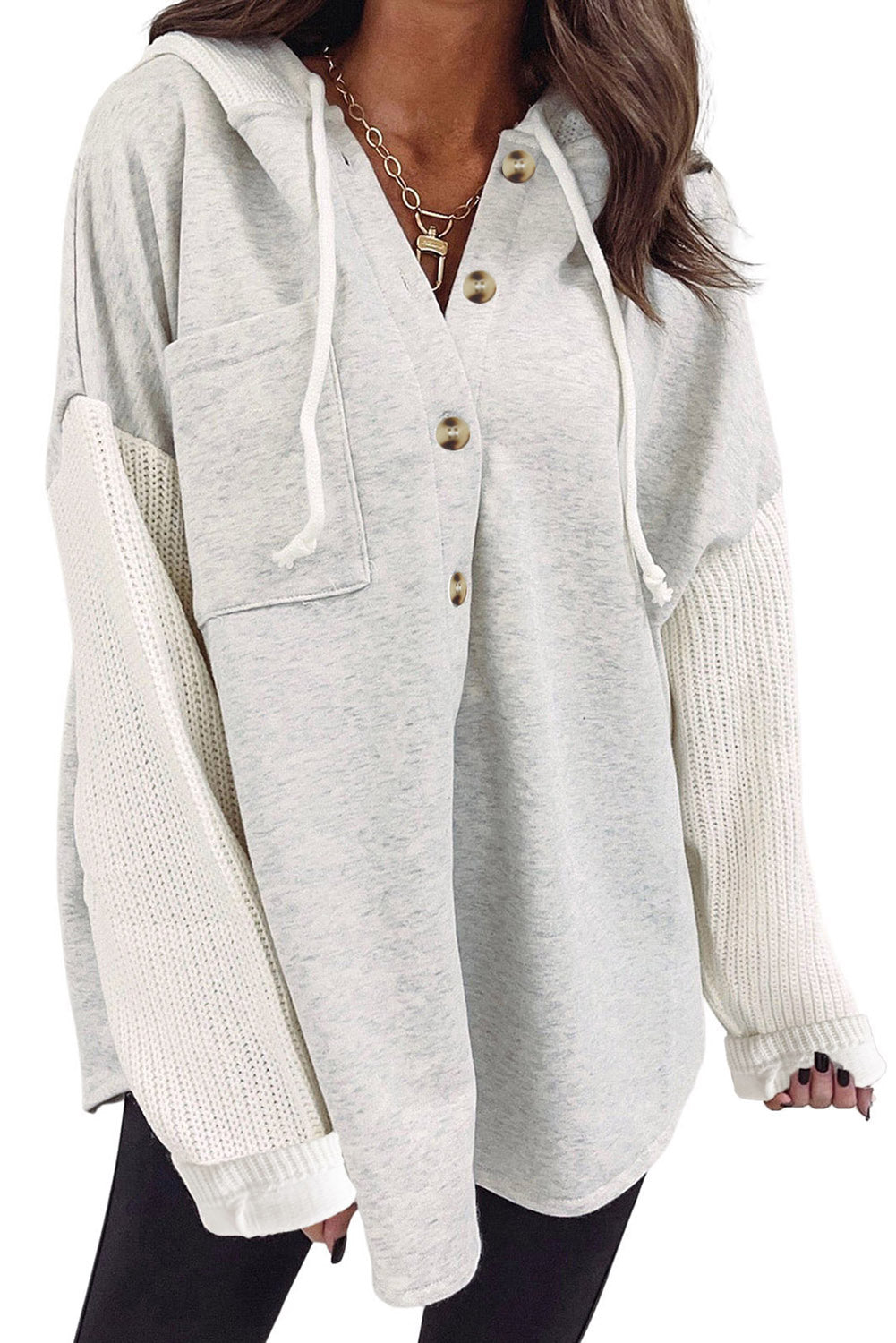 Button Up Contrast Knitted Sleeves Hooded Jacket | Gray