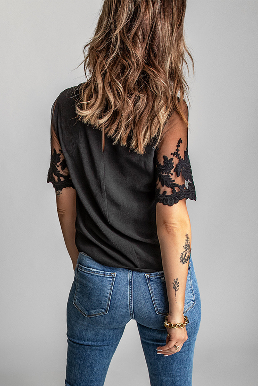 Floral Lace Sleeve Patchwork Top | Black