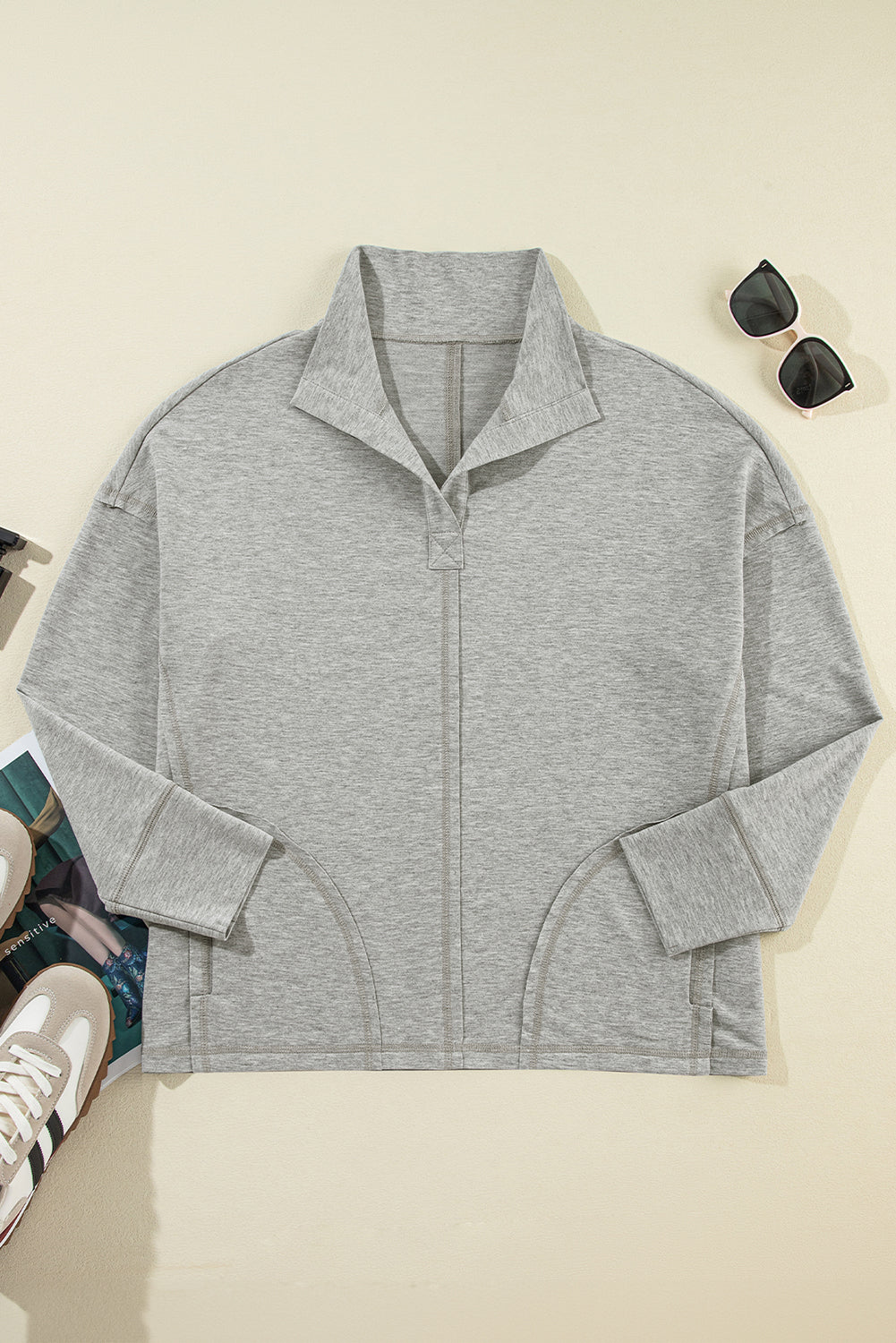 Exposed Seam Collared Pocketed Loose Sweatshirt | Light Grey