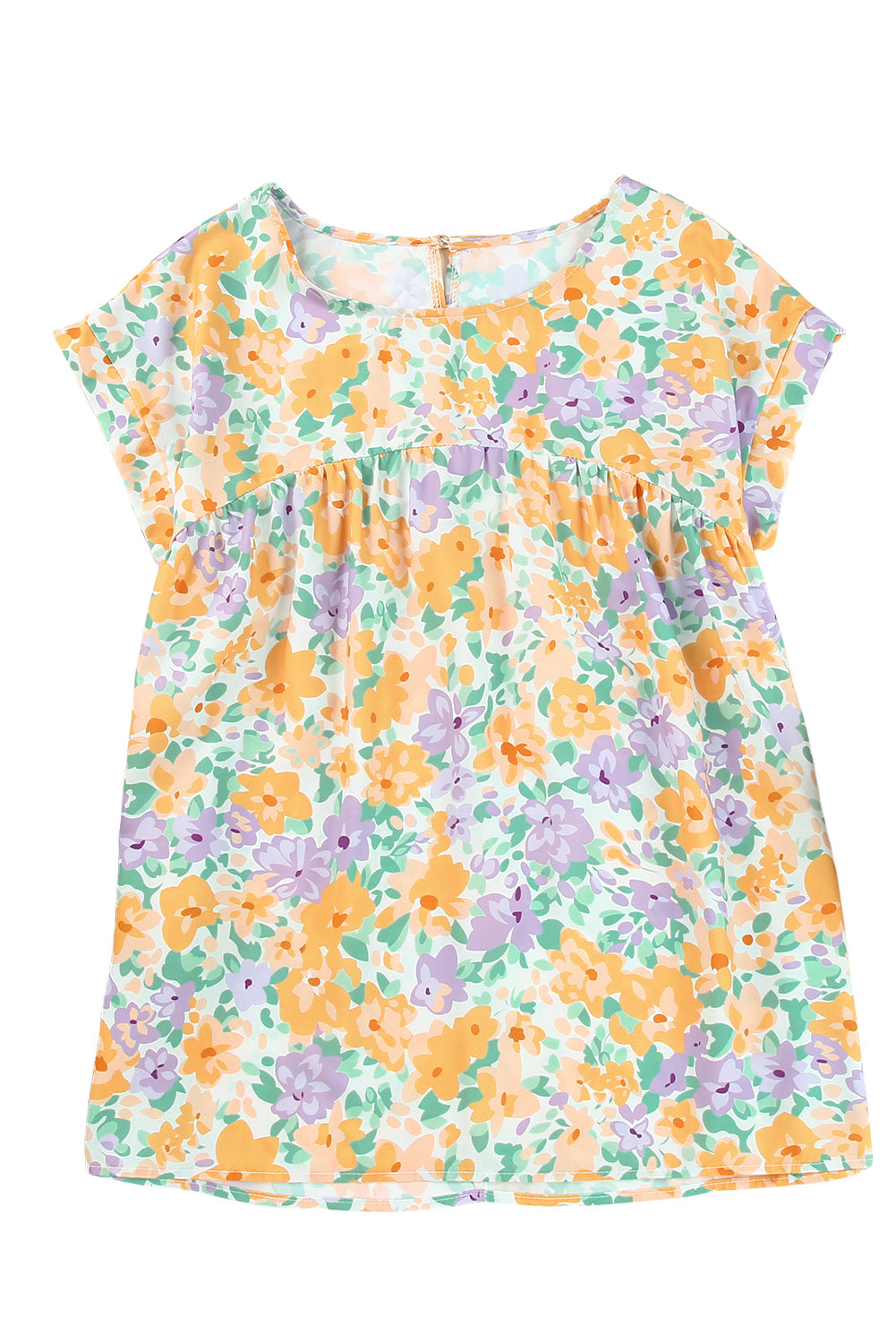 Floral Print Keyhole Back Short Sleeve Babydoll Blouse | Yellow