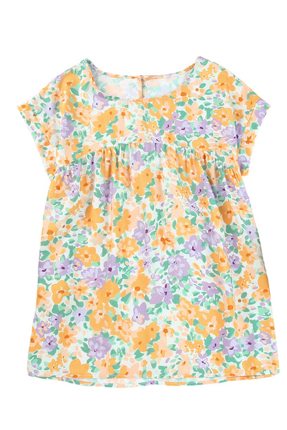 Floral Print Keyhole Back Short Sleeve Babydoll Blouse | Yellow