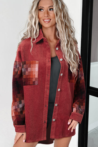 Checker Patchwork Raw Edge Oversized Corduroy Jacket | Gold Flame