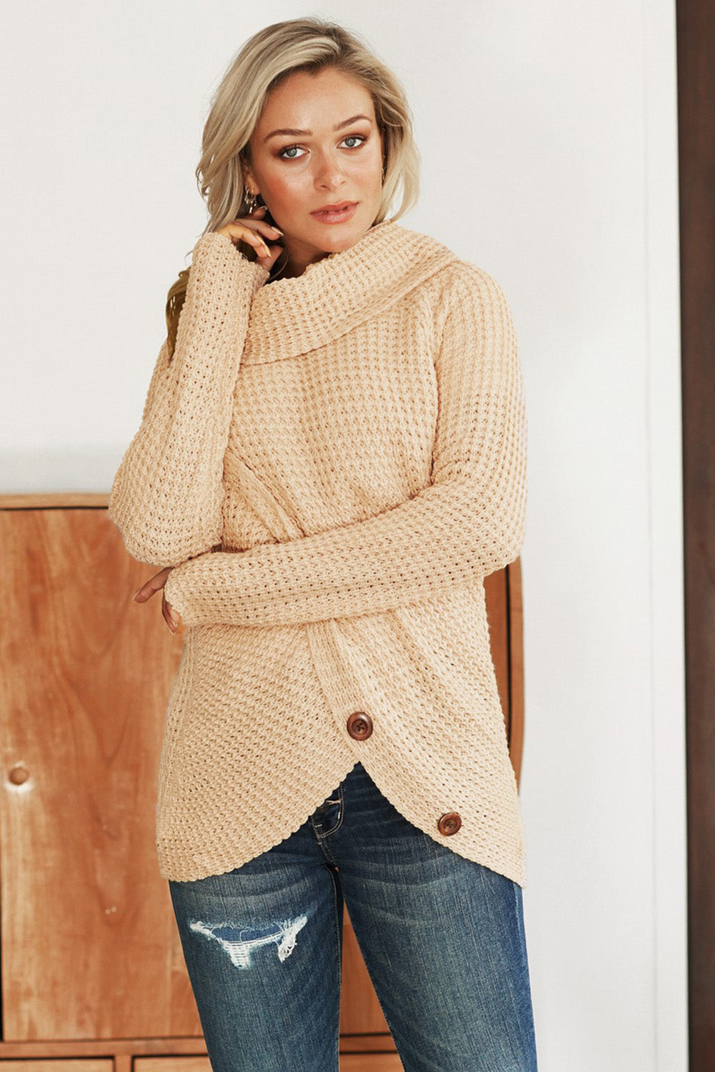 Buttoned Wrap Turtleneck Sweater | Beige