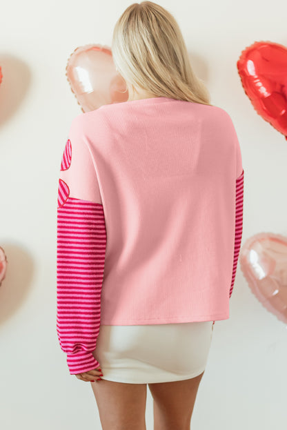 Floral Patch Colour Block Striped Sleeve Textured Top | Pink