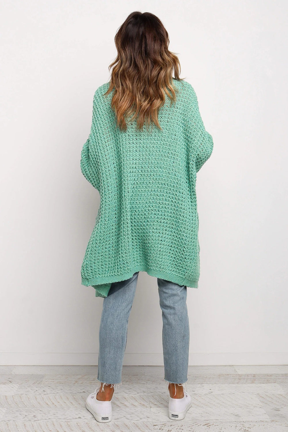 Long Line Open Front Knitted Cardigan With Pockets | Green