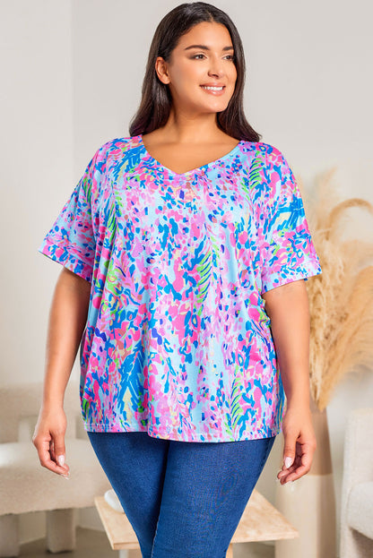 Plus Size Plant Print V Neck T-Shirt | Sky Blue