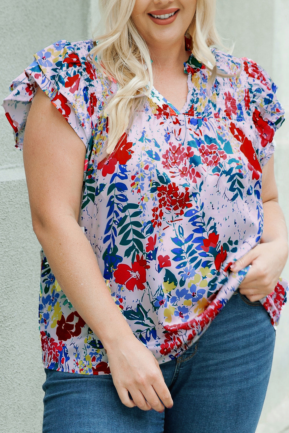 Fiery  Plus Floral Print Ruffle Cap Sleeve V Neck Blouse | Red