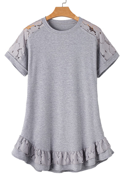 Lace Floral Patchwork Ruffled T-Shirt Dress | Light Grey