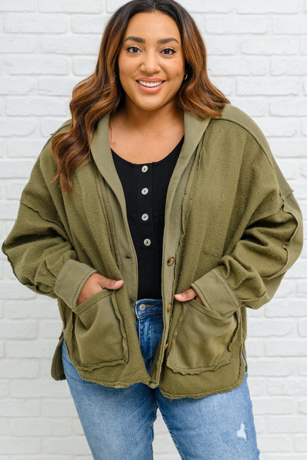 Plus Size Exposed Seam Terry Patchwork Hooded Jacket | Green