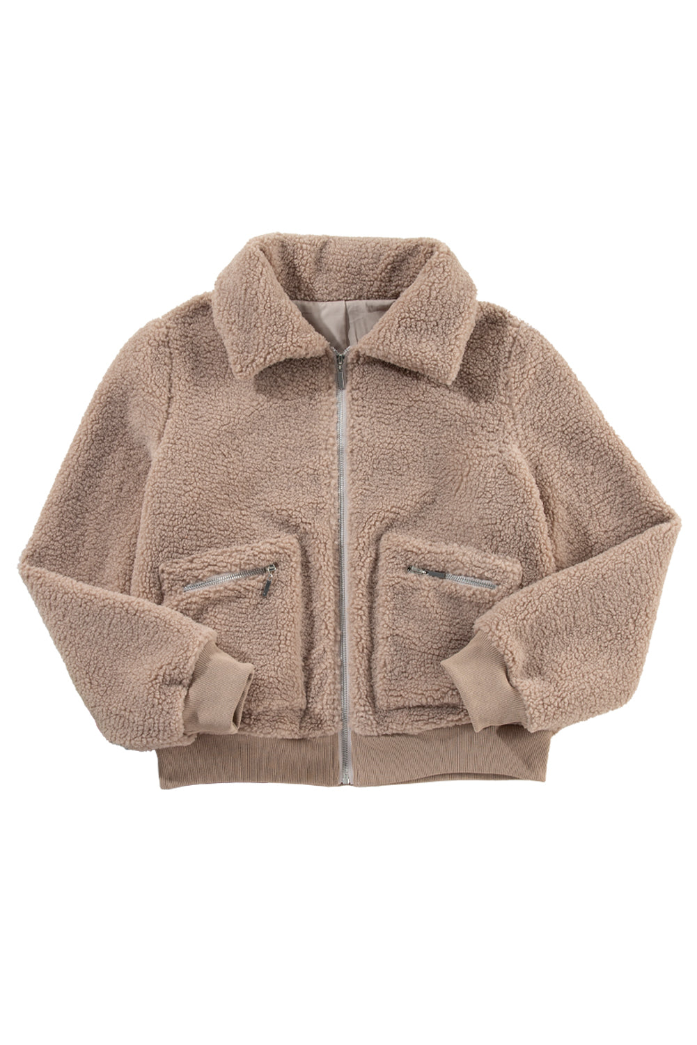 Zipper Pocketed Winter Fuzzy Jacket | Light French Beige