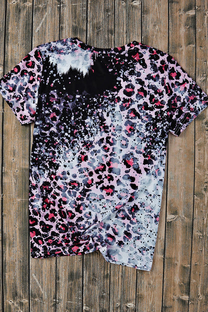 Cowgirls Boots Leopard Bleached Crew Neck T Shirt | Pink