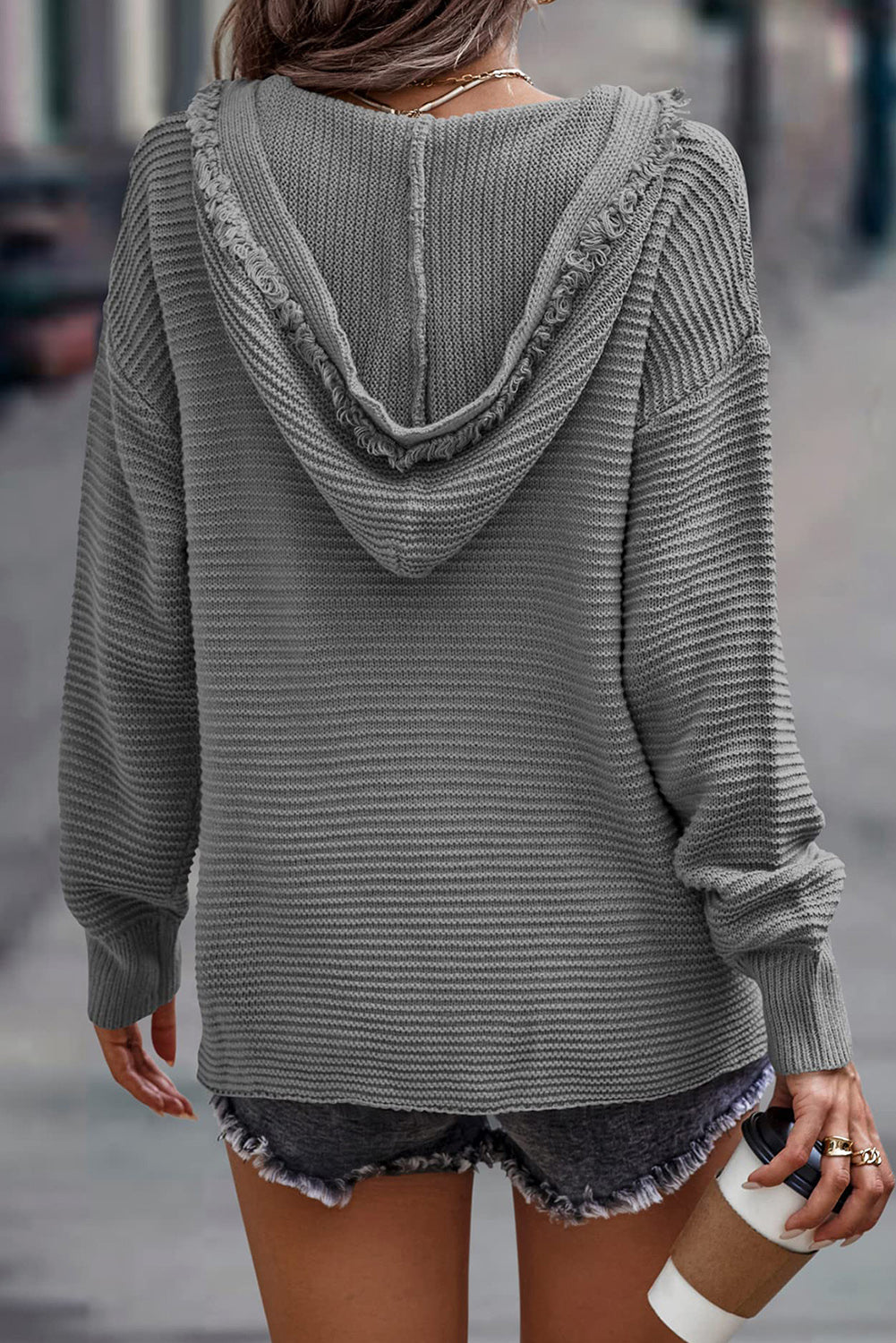 V Neck Ribbed Drop Shoulder Hooded Sweater | Gray