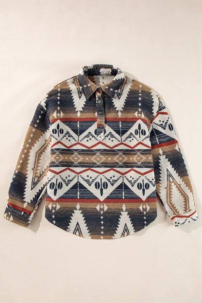 Western Aztec Collared Button-Up Sweatshirt | Brown