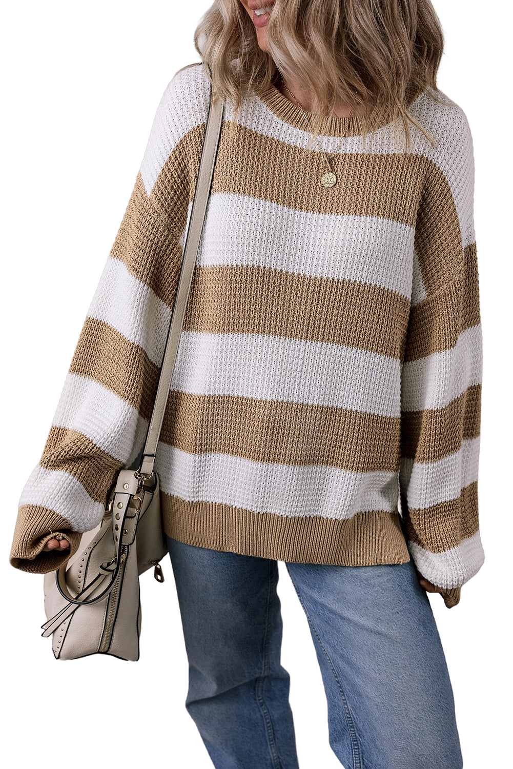 Colourblock Striped Drop Shoulder Side Slit Sweater | Light French Beige