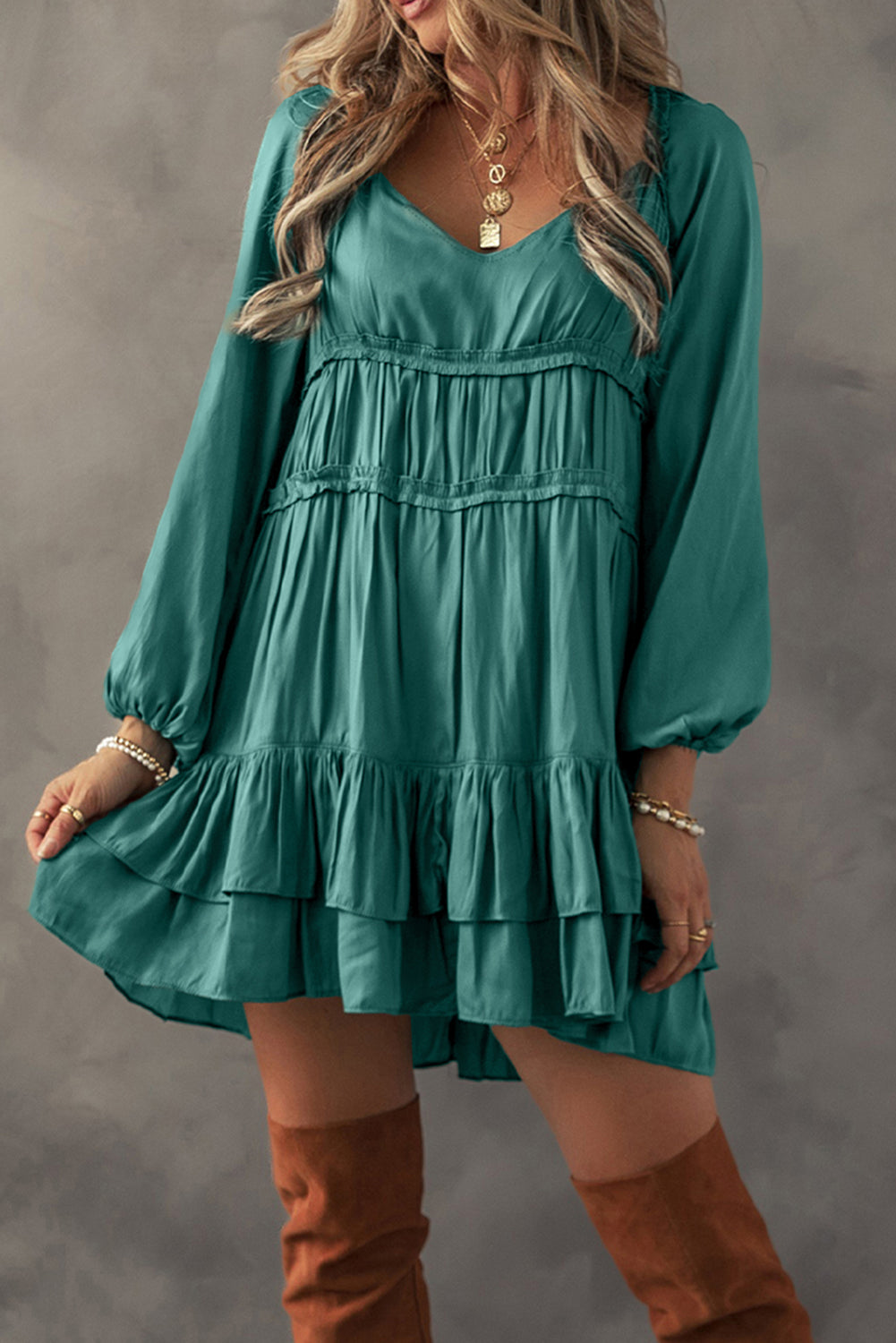 Tiered Ruffled Puff Sleeve Loose Fit Mini Dress | Mist Green