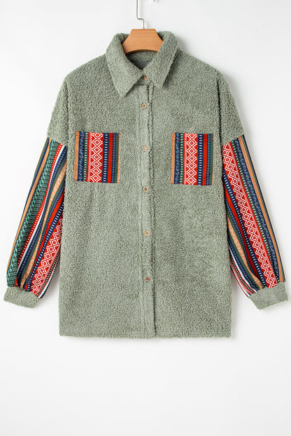 Contrast Printed Insert Button Fleece Hooded Jacket | Laurel Green